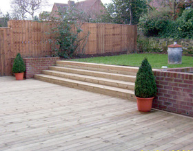 Garden with deck and wooden fence